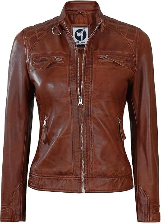 Women Real Lambskin Café Racer Style Causal And Fashion Women's Leather Jacket - Brown Vex