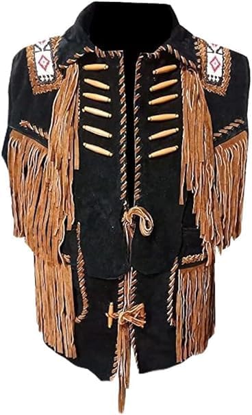 Men's Vintage Cowboy Buckskin Suede Leather Western Stylish Vest Native Handmade Work - Black