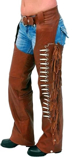 Cowboy Leather Western Leather Fringe Native Handmade Beads Chaps - Brown