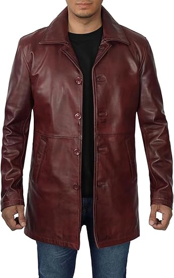 Coats for Men Vintage Style Long Leather Jacket  - Maroon