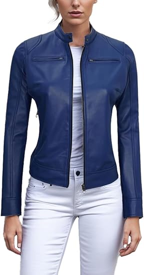 Leather Jackets For Women Café Racer Style Casual And Trending Fashion Real Lambskin Women's Leather Jacket - Blue