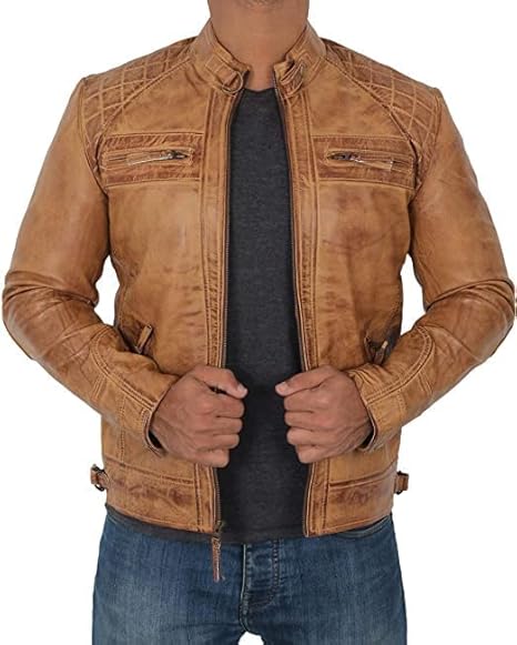 Men's Genuine Leather Jacket – Stylish Biker leather Jacket with Zip Pockets & Lining - Camel Brown