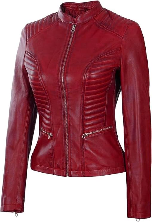 Women Real Lambskin Café Racer Style Causal And Fashion Women's Leather Jacket - Maroon 2