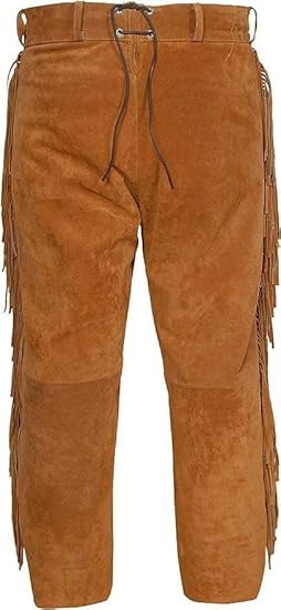 Men's Cowboy Buckskin Suede Leather Western Pant with Fringe - Brown