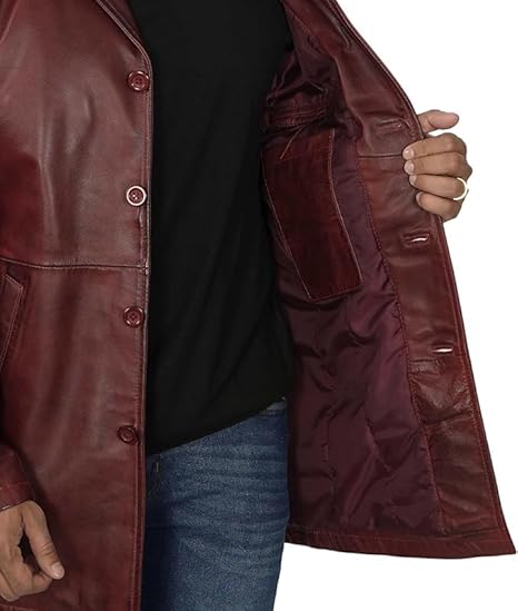 Coats for Men Vintage Style Long Leather Jacket  - Maroon