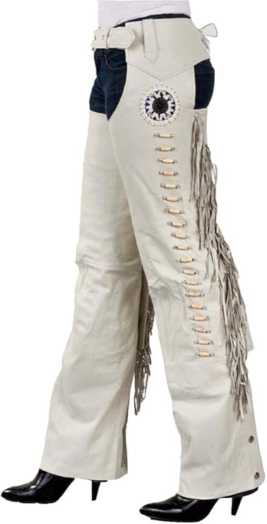 Cowboy Leather Western Leather Fringe Native Handmade Beads Chaps - Beige Color