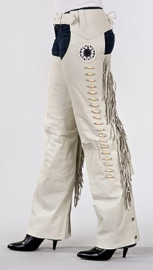 Cowboy Leather Western Leather Fringe Native Handmade Beads Chaps - Beige Color