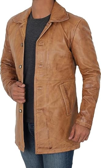 Coats for Men Vintage Style Long Leather Jacket  - Camel Brown