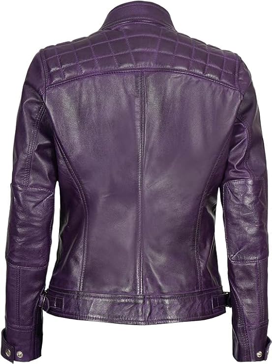 Women Real Lambskin Café Racer Style Causal And Fashion Women's Leather Jacket - Purple