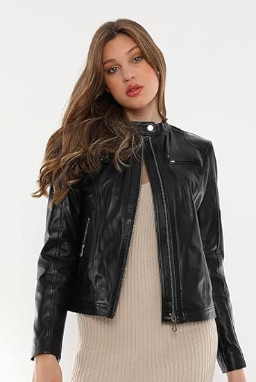 Leather Jackets For Women Café Racer Style Casual And Trending Fashion Real Lambskin Women's Leather Jacket - Black