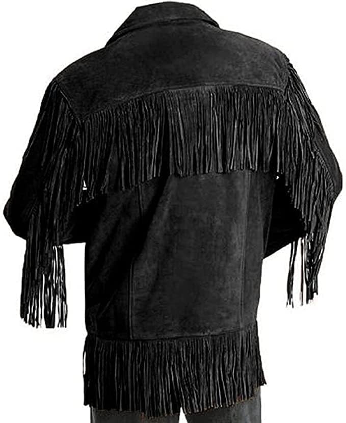 Traditional Western Cowboy Jackets for Men | Native American Black Texture Suede leather Overcoat with Fringes