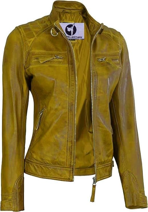 Women Real Lambskin Café Racer Style Causal And Fashion Women's Leather Jacket - Yellow