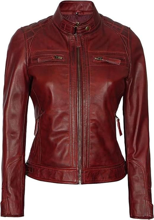 Women Real Lambskin Café Racer Style Causal And Fashion Women's Leather Jacket - Maroon