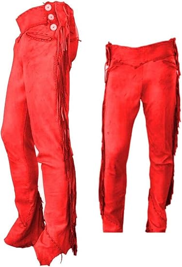 Men's Cowboy Buckskin Suede Leather Western Pant with Fringe - Red