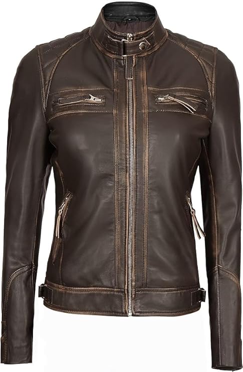 Women Real Lambskin Café Racer Style Causal And Fashion Women's Leather Jacket - Brown Ruboff