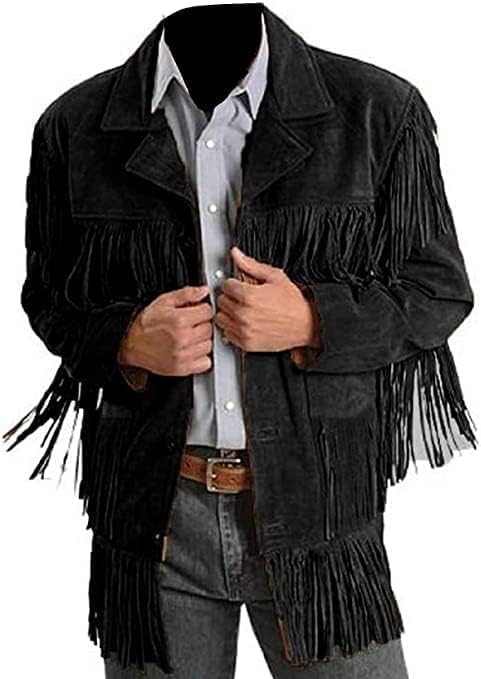 Traditional Western Cowboy Jackets for Men | Native American Black Texture Suede leather Overcoat with Fringes