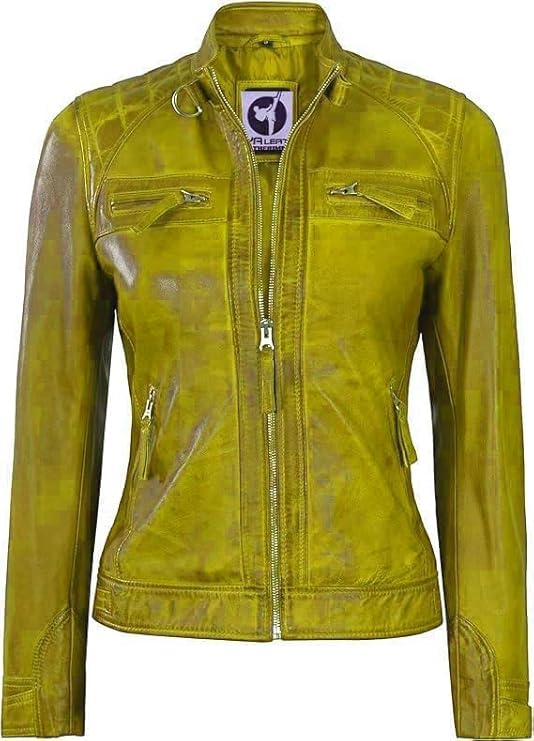 Women Real Lambskin Café Racer Style Causal And Fashion Women's Leather Jacket - Yellow