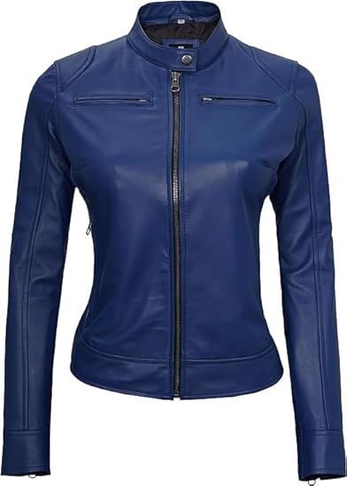 Leather Jackets For Women Café Racer Style Casual And Trending Fashion Real Lambskin Women's Leather Jacket - Blue