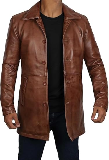 Coats for Men Vintage Style Long Leather Jacket - Brown