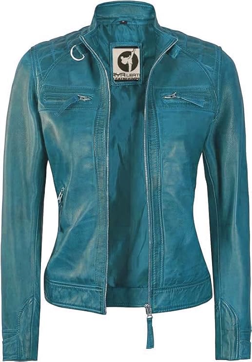 Women Real Lambskin Café Racer Style Causal And Fashion Women's Leather Jacket - Turqoise Blue