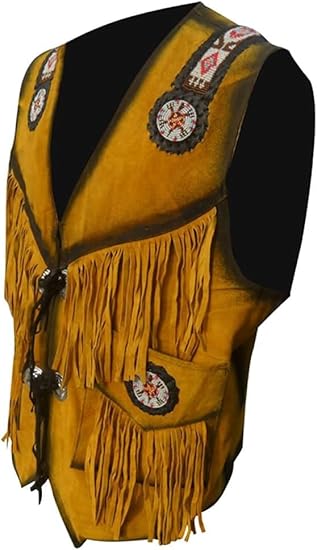 Men's Cowboy Suede Fringed Beaded Vest, Native American Western Style - Gold