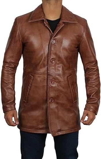 Coats for Men Vintage Style Long Leather Jacket - Brown