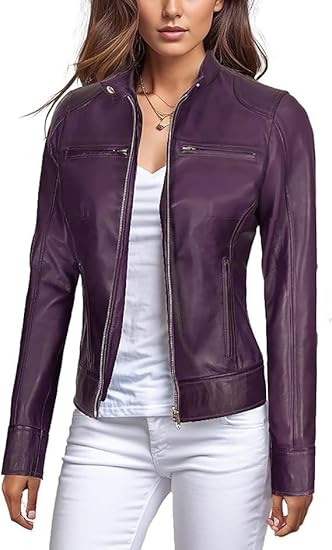 Leather Jackets For Women Café Racer Style Casual And Trending Fashion Real Lambskin Women's Leather Jacket - Purple