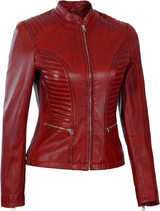 Women Real Lambskin Café Racer Style Causal And Fashion Women's Leather Jacket - Maroon 2