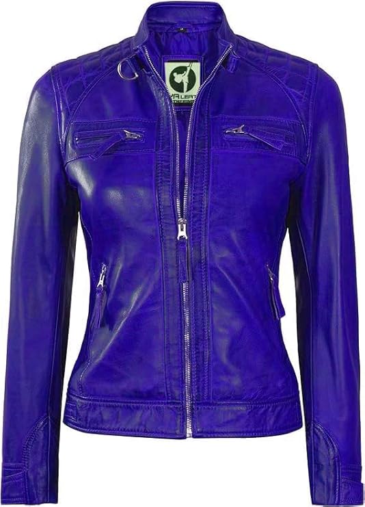 Women Real Lambskin Café Racer Style Causal And Fashion Women's Leather Jacket - Blue