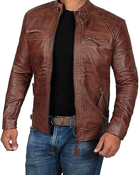 Men's Genuine Leather Jacket – Stylish Biker leather Jacket with Zip Pockets & Lining - Brown