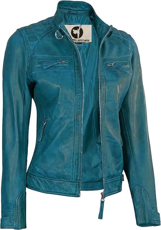 Women Real Lambskin Café Racer Style Causal And Fashion Women's Leather Jacket - Turqoise Blue