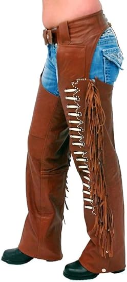 Cowboy Leather Western Leather Fringe Native Handmade Beads Chaps - Brown