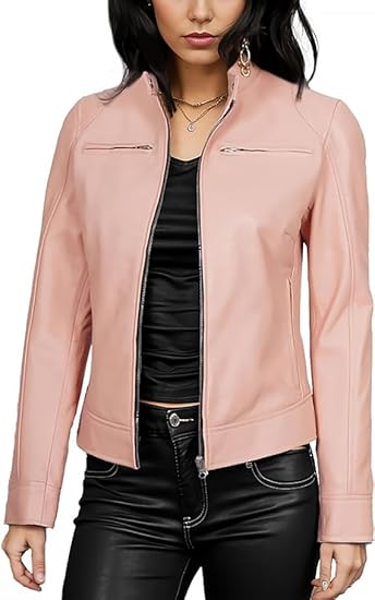 Leather Jackets For Women Café Racer Style Casual And Trending Fashion Real Lambskin Women's Leather Jacket - Light Pink