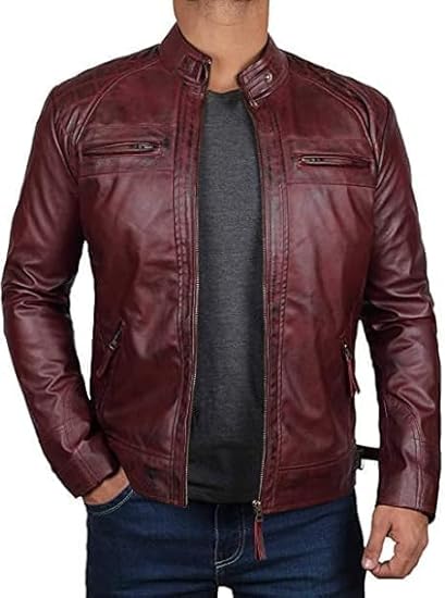 Men's Genuine Leather Jacket – Stylish Biker leather Jacket with Zip Pockets & Lining - Maroon