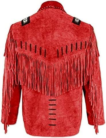 Men's Traditional Western Cowboy Suede Leather Jacket | Classic Native American Red Texture Jacket Coat with Beaded Fringed