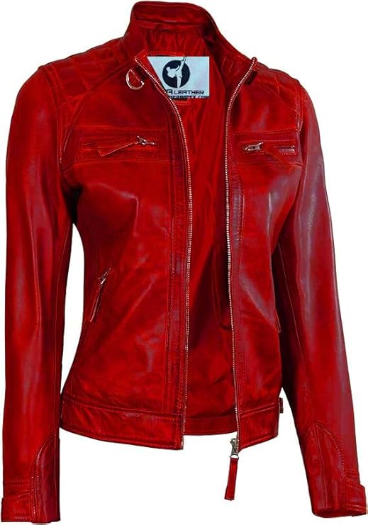 Women Real Lambskin Café Racer Style Causal And Fashion Women's Leather Jacket - Red