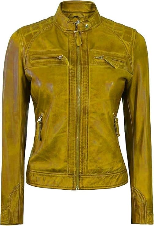 Women Real Lambskin Café Racer Style Causal And Fashion Women's Leather Jacket - Yellow