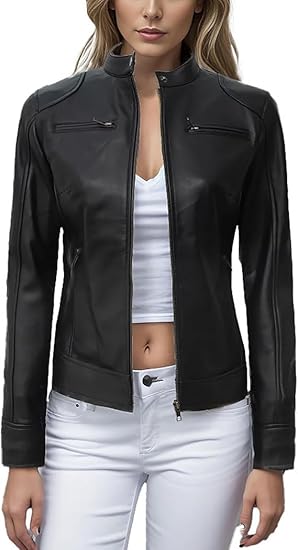 Leather Jackets For Women Café Racer Style Casual And Trending Fashion Real Lambskin Women's Leather Jacket - Black 2