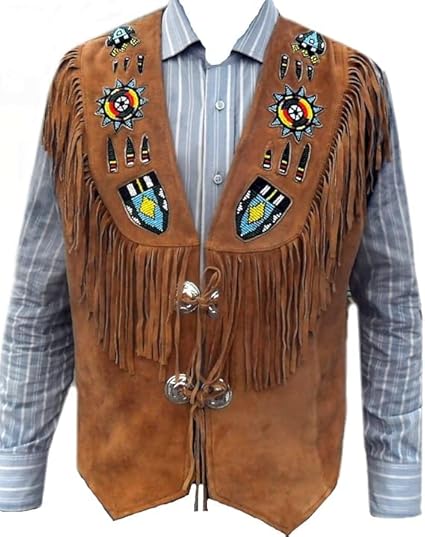 Men's Cowboy Suede Fringed Beaded Vest, Native American Western Style -Brown