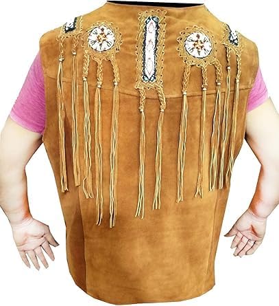 Men's Cowboy Suede Fringed Beaded Vest, Native American Western Style - Camel Brown 1