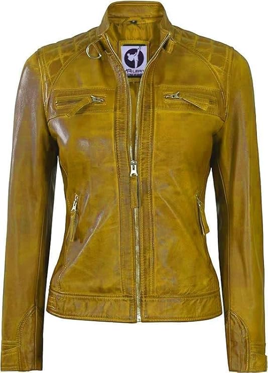 Women Real Lambskin Café Racer Style Causal And Fashion Women's Leather Jacket - Yellow