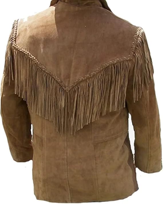 Mens Traditional Western Fringed Suede Leather Jacket | Classic Native American Brown Texture Jacket Coat with Fringed