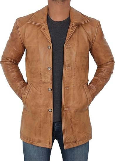 Coats for Men Vintage Style Long Leather Jacket  - Camel Brown