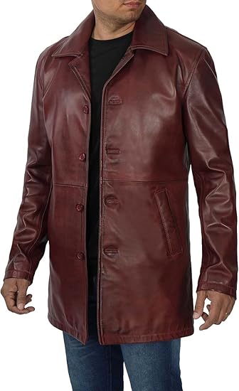 Coats for Men Vintage Style Long Leather Jacket  - Maroon