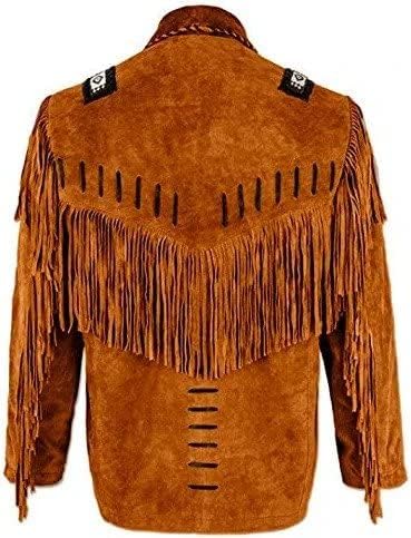 Men's Traditional Western Cowboy Suede Leather Jacket | Classic Native American Camel Brown Texture Jacket Coat with Beaded Fringed