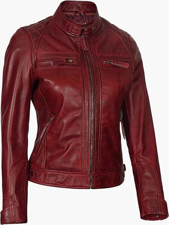 Women Real Lambskin Café Racer Style Causal And Fashion Women's Leather Jacket - Maroon