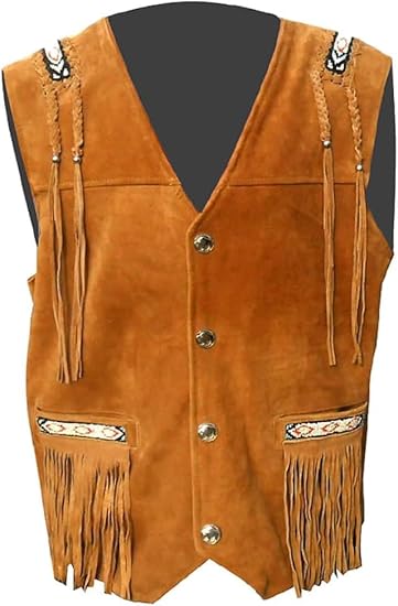 Men's Cowboy Suede Fringed Beaded Vest, Native American Western Style - Camel Brown 2