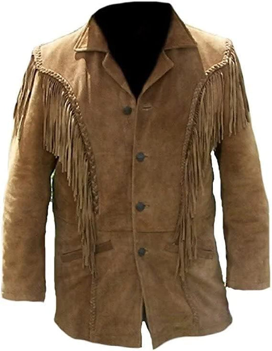 Mens Traditional Western Fringed Suede Leather Jacket | Classic Native American Brown Texture Jacket Coat with Fringed