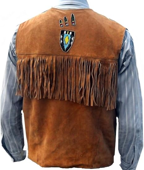 Men's Cowboy Suede Fringed Beaded Vest, Native American Western Style -Brown