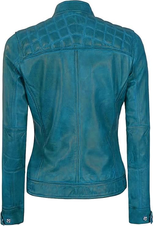 Women Real Lambskin Café Racer Style Causal And Fashion Women's Leather Jacket - Turqoise Blue